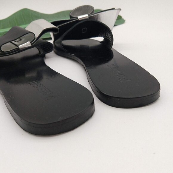 Pollini Italy Black Silver Slip On Bow Sandals Size 38 7 7.5 Metallic Open Toe - Picture 7 of 7